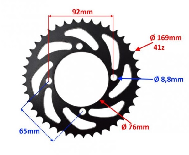 rozeta zadní 41 zubů  střed.díra  76 mm , rozteč děr 92 mm pro řetěz 428 PITBIKE