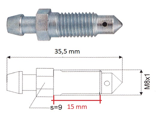 Odvzdušňovací šroub - závit: M8 x 1,25; délka: 35,5 mm