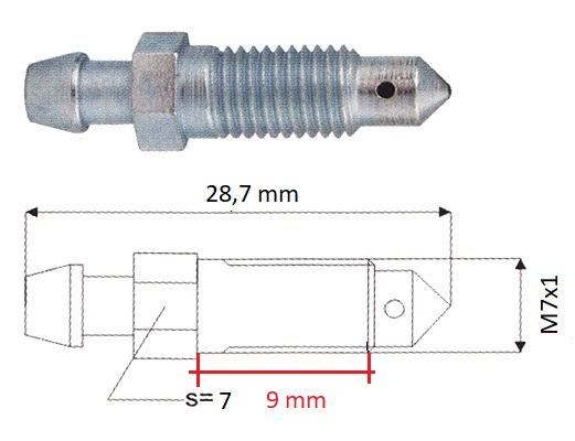 Odvzdušňovací šroub - závit: M7 x 1 ; délka: 28,7 mm