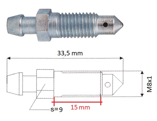 Odvzdušňovací šroub - závit: M8 x 1 ; délka: 33,4 mm